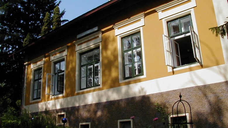 Yellow house with open windows and garden in the foreground.