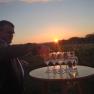 A man pours wine into glasses on a table at sunset in a vineyard.