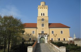 Castle with yellow fa&ccedil;ade and red roof, central tower, wide stone staircase, blue sky.