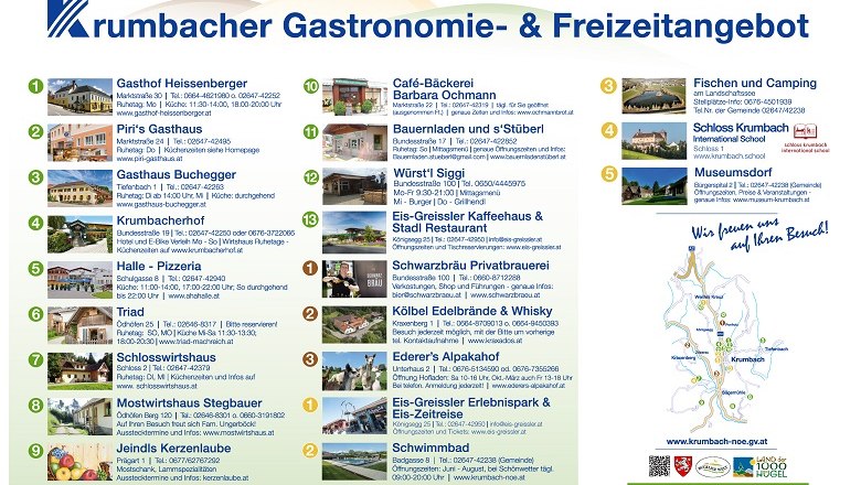 Information sheet on gastronomy and leisure activities in Krumbach with addresses and pictures of restaurants and places of interest.