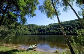 A calm lake with a rowing boat on the shore, surrounded by densely wooded hills and clear skies.
