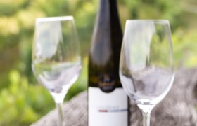 Two empty wine glasses and a wine bottle on a wooden table outside.