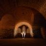 A wine cellar with brick walls and an illuminated work of art in the shape of a cat.