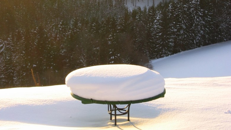 Snow-covered table in a wintry landscape with a forest in the background.