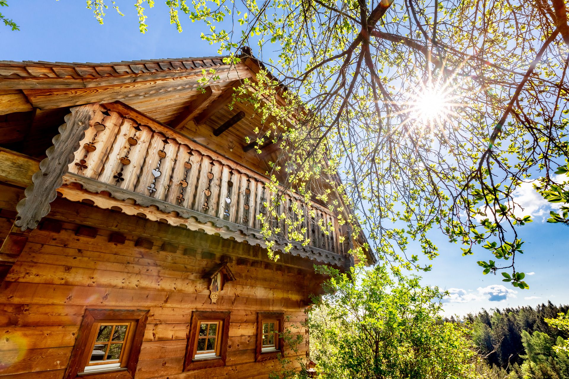 Traditional wooden house under a blue sky, surrounded by trees.