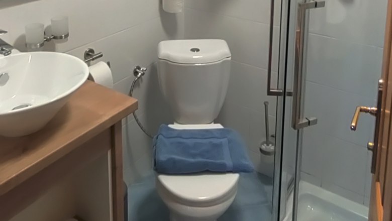 Small bathroom with shower, WC and washbasin.