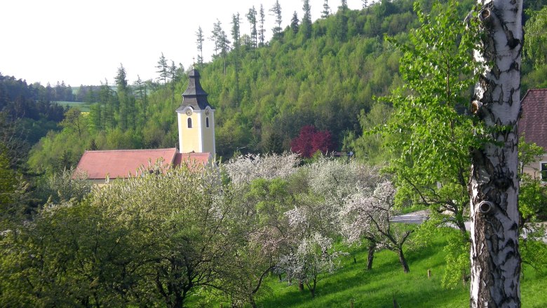 Landscape with church, blossoming trees and green hill.