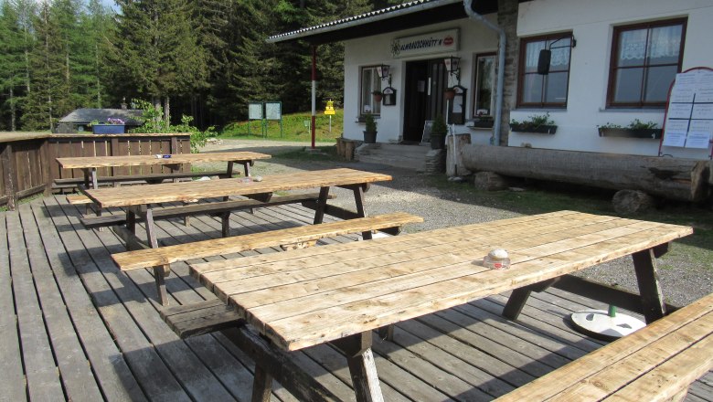 Wooden benches in front of the Almrausch hut in a wooded area.