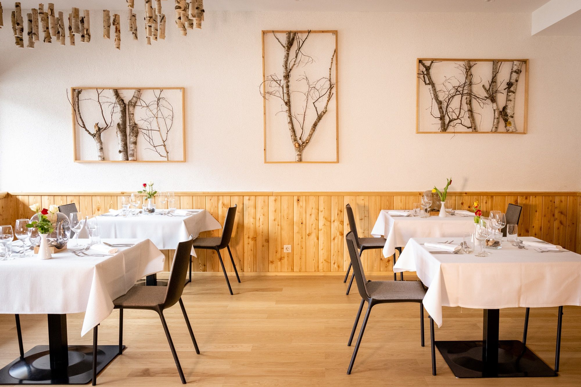 Elegant restaurant with wooden walls, white tablecloths and birch art on the walls.