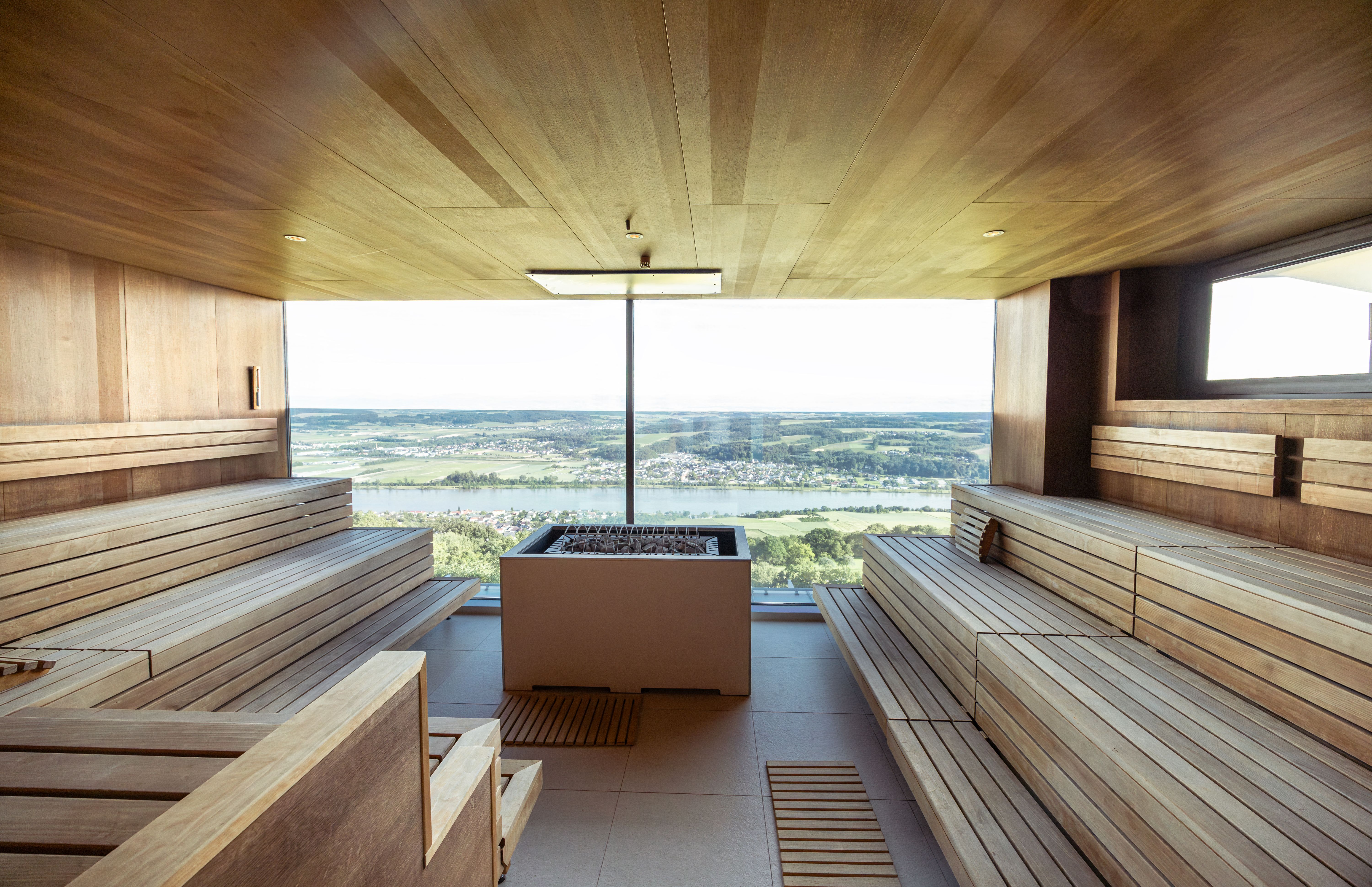 Infinity pool with views of the river and countryside.