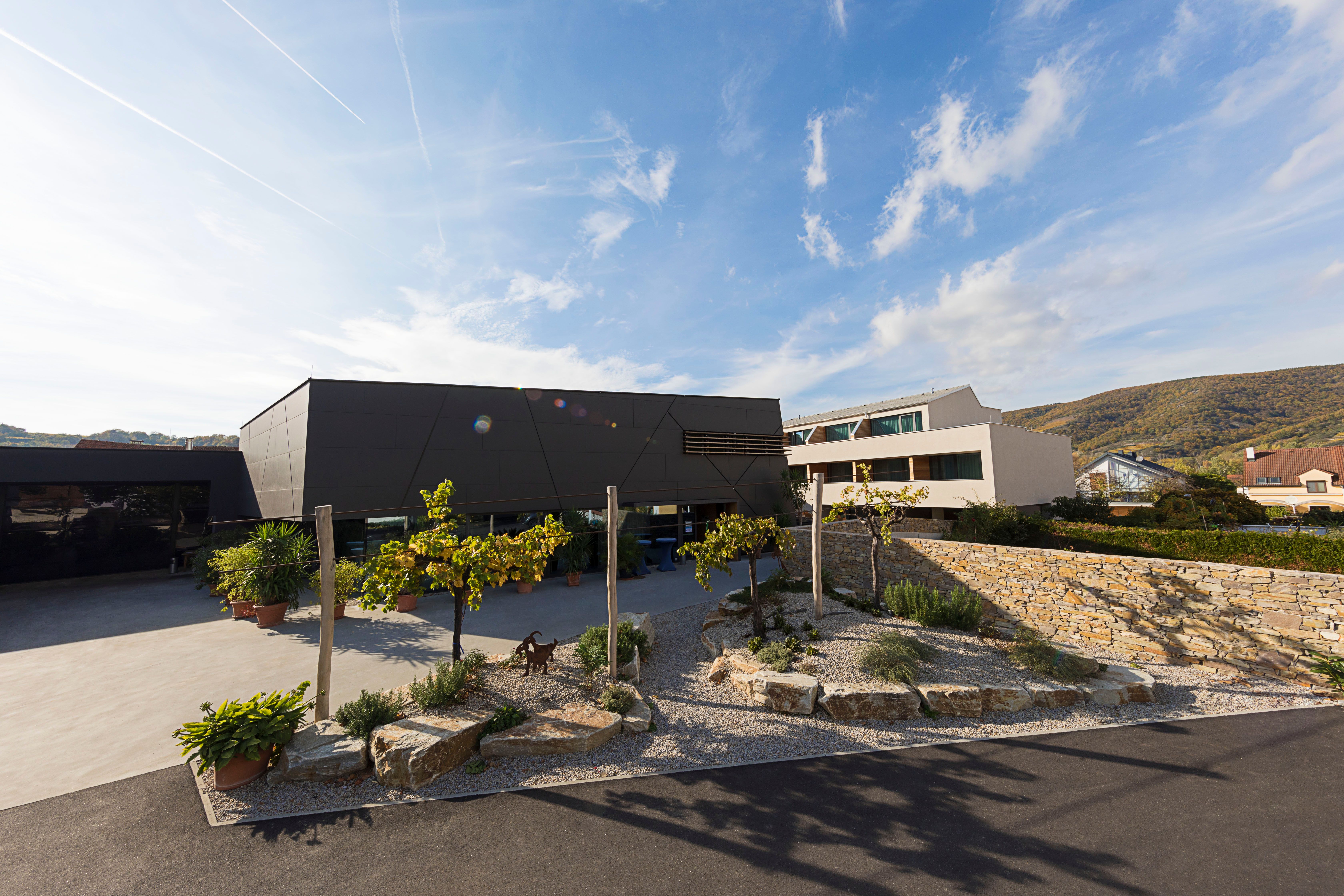 Modern building with garden and stone wall in the foreground.