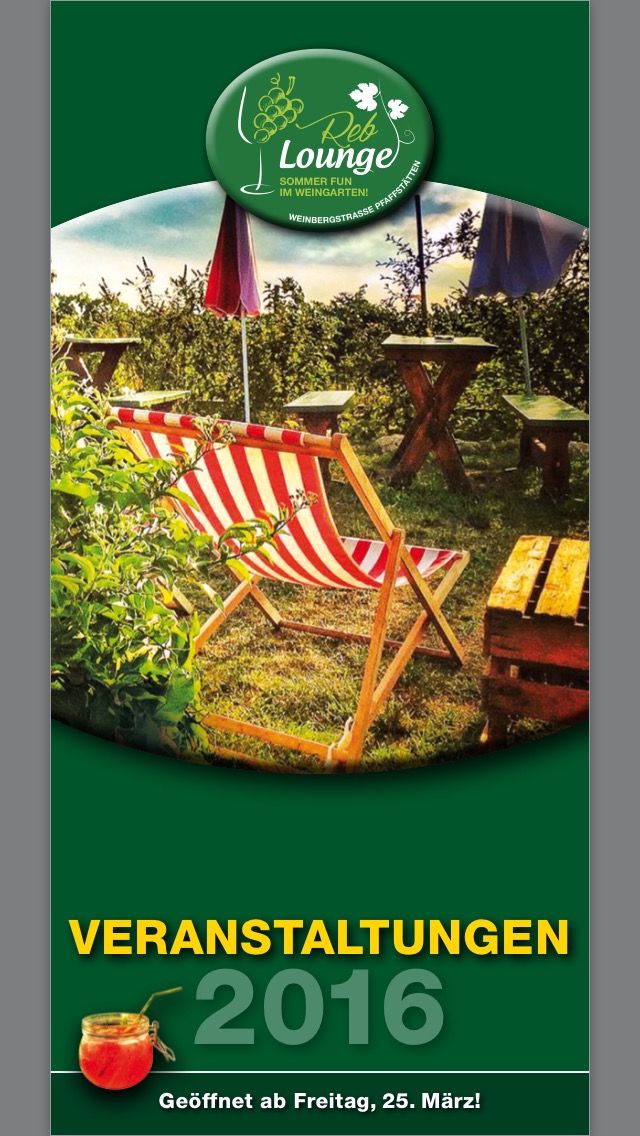 Advertising for the Reb Lounge with deckchairs and tables outside, surrounded by plants. Text: Events 2016, open from March 25.