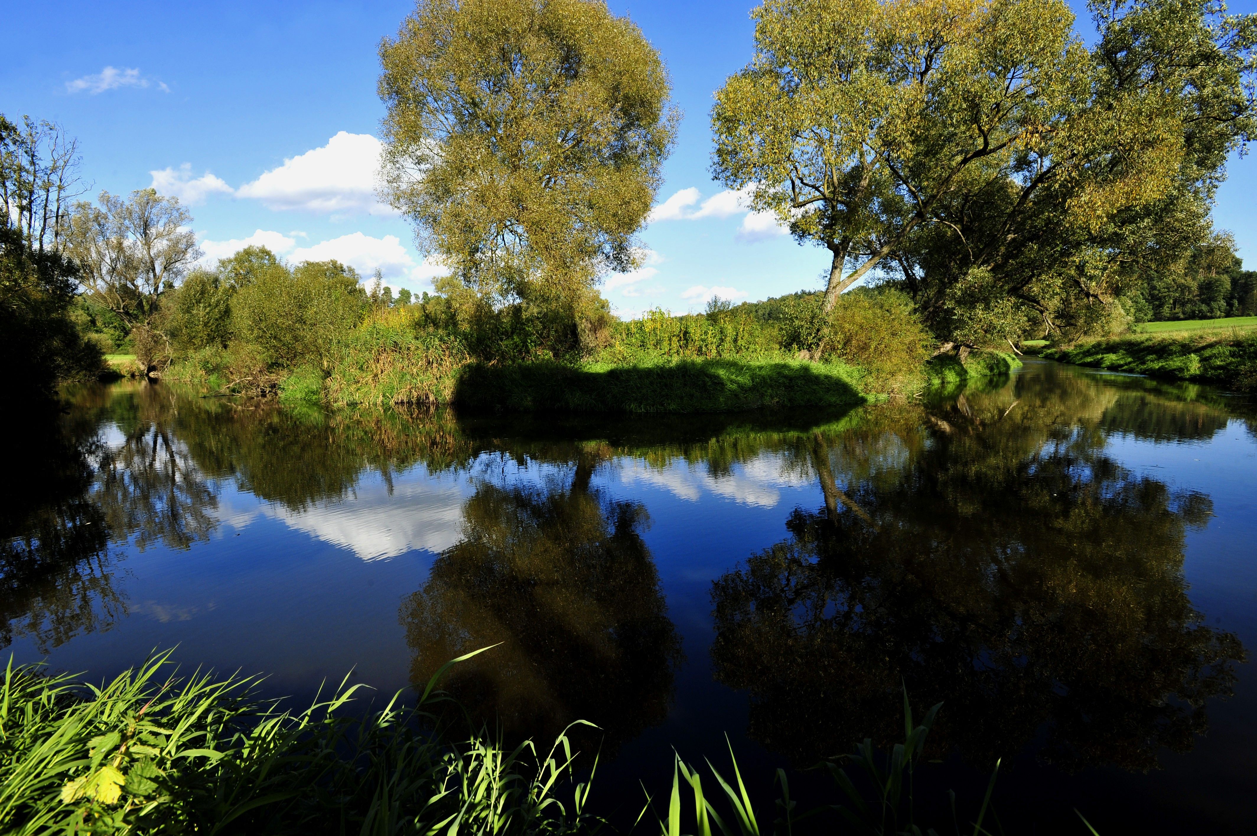 A calm river in the Dobersberg Nature Park with trees and blue sky in the background.