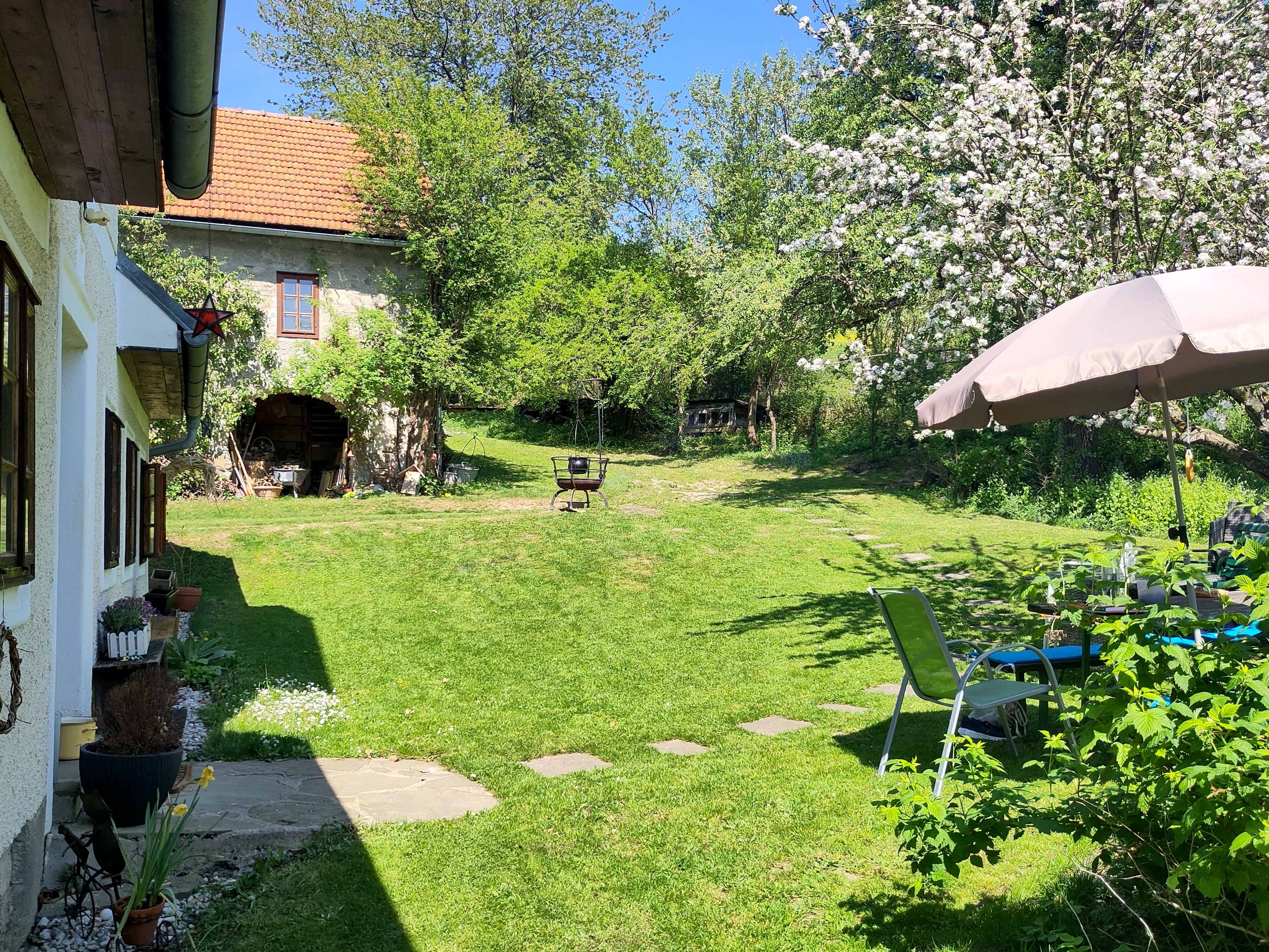 A green garden with flowering trees, a parasol, and an old building in the background.