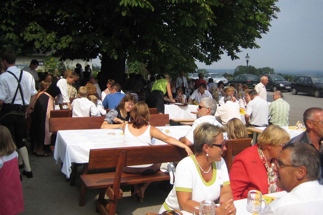 People sit at long tables outside under a tree.