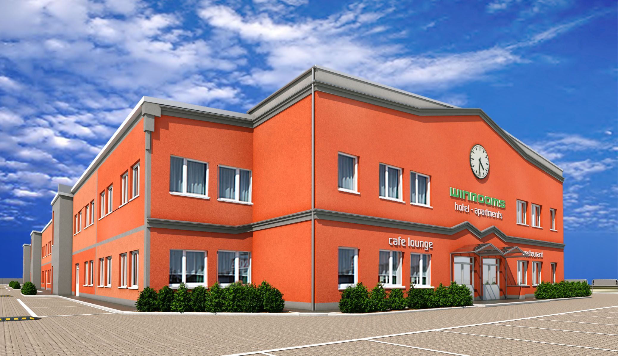 Exterior view of the Hotel Winrooms in Wiener Neustadt with orange facade and clock.