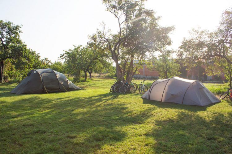 Two tents on a green meadow with trees and bicycles in the background.