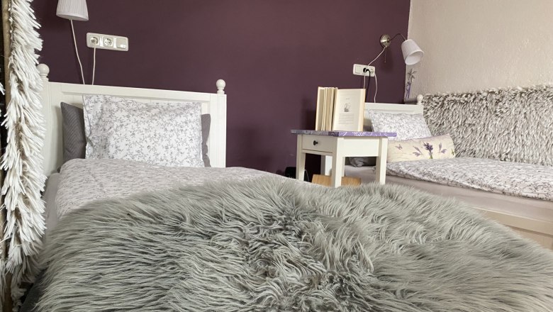 Twin room with purple wall, two beds, bedside table with book and fluffy blanket.