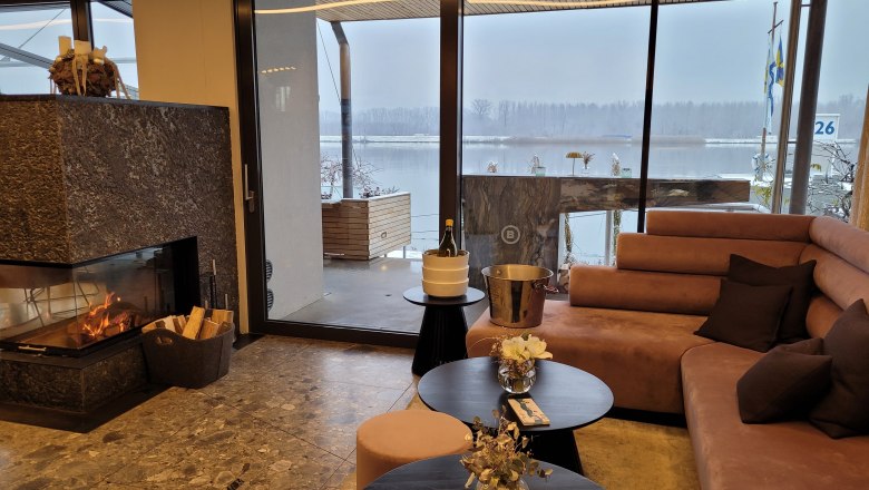 Restaurant inside with fireplace