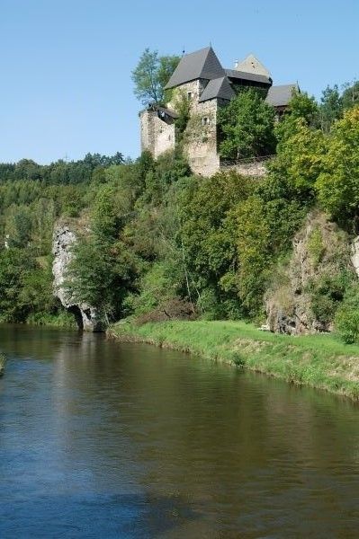 Castle on a wooded hill on the riverbank.