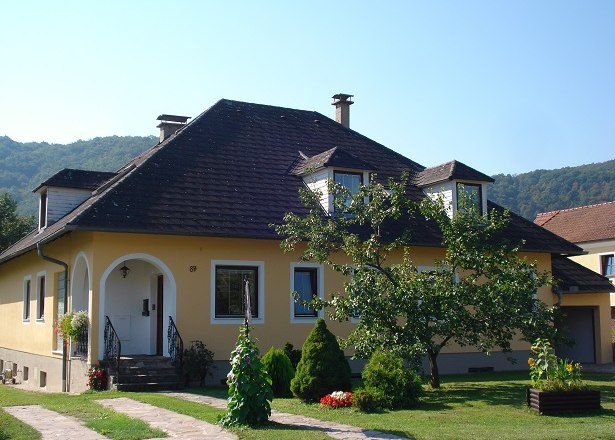 A yellow detached house with a black roof and garden.