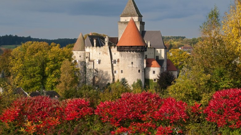 Heidenreichstein Castle in autumn with colorful foliage in the foreground.