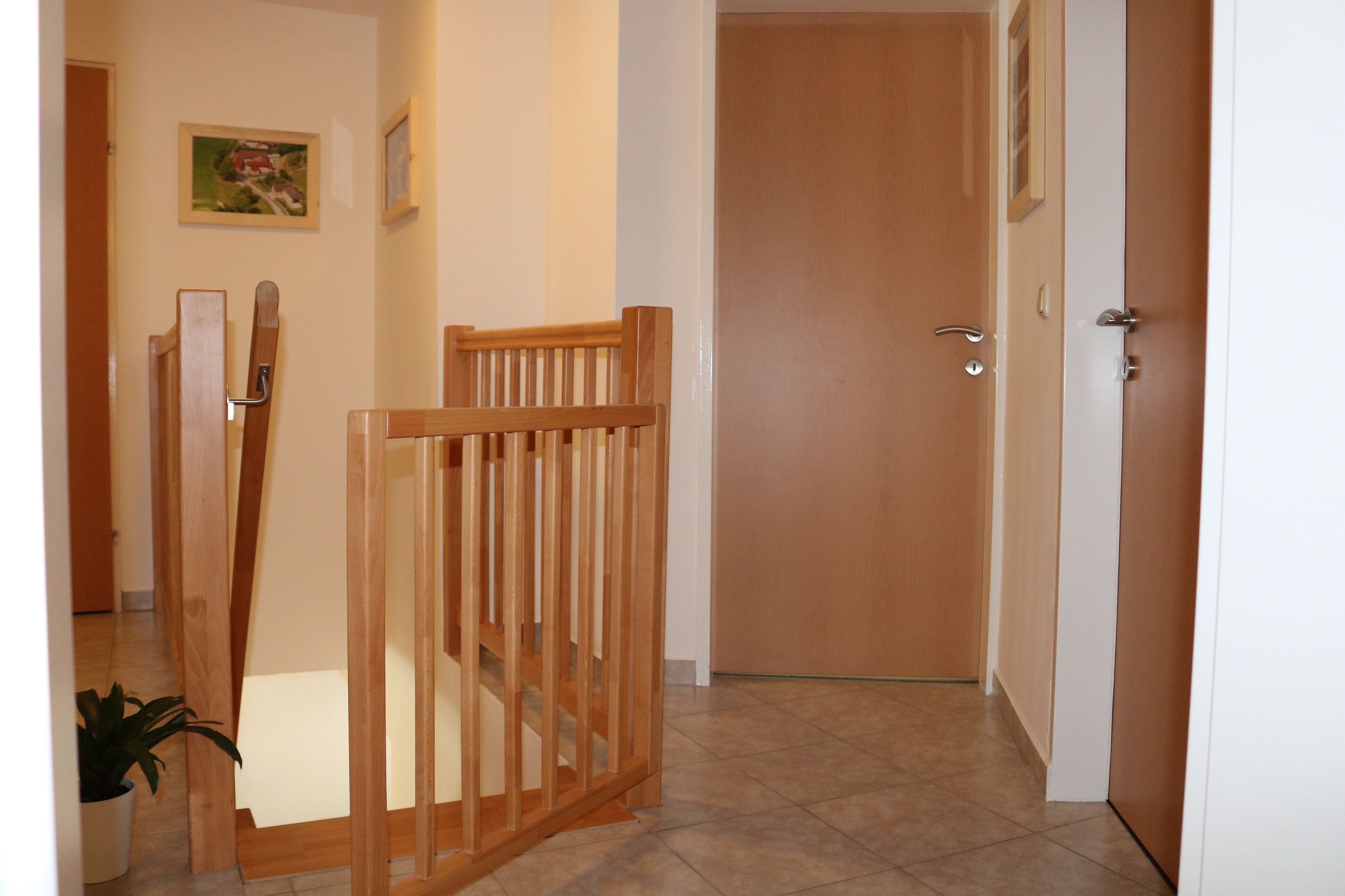Interior view of a hallway with wooden doors and banisters.