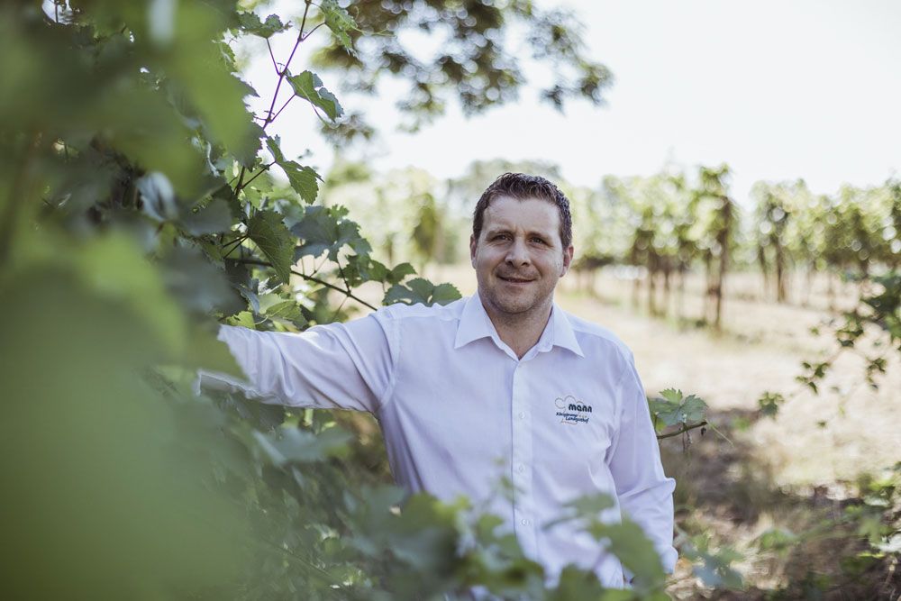 A man in a white shirt stands in a vineyard surrounded by vines.