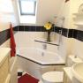 Small bathroom with corner bathtub, skylight window and black and white tiles.