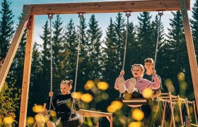 Three children swinging on a large outdoor swing surrounded by trees.