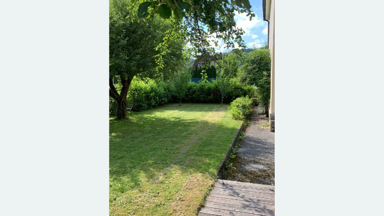 A well-kept garden with lawn, trees and shrubs next to a house.