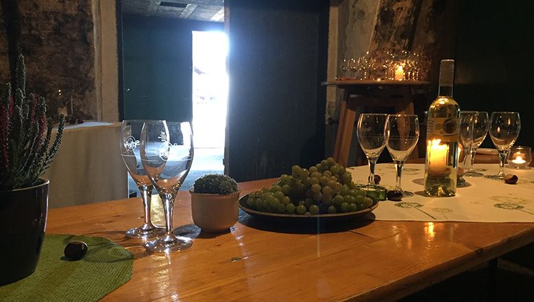 A table in a cellar with bottles of wine, glasses, grapes and candles.
