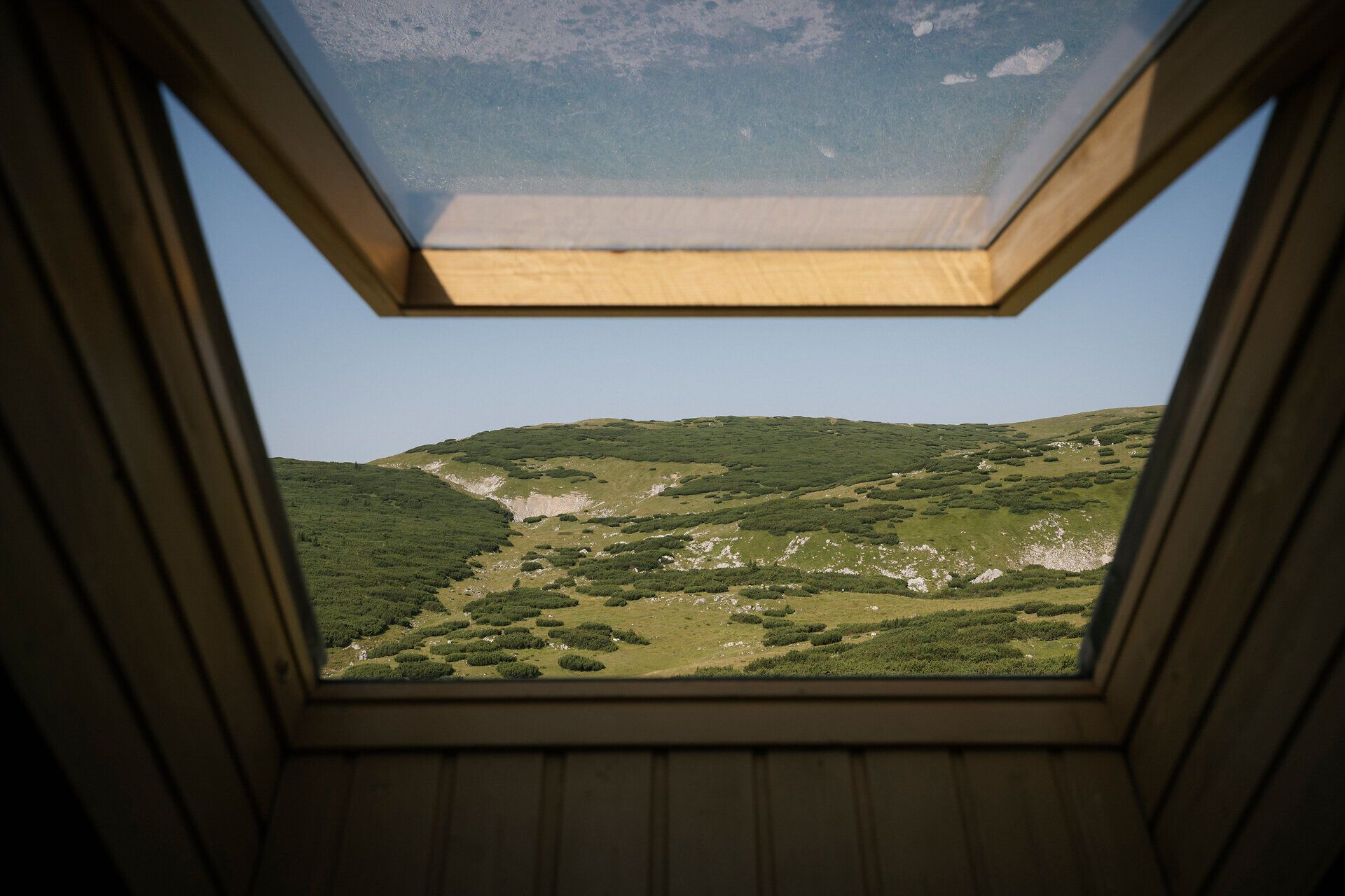 View through a skylight of the mountain landscape near the Damböckhaus on the Schneeberg