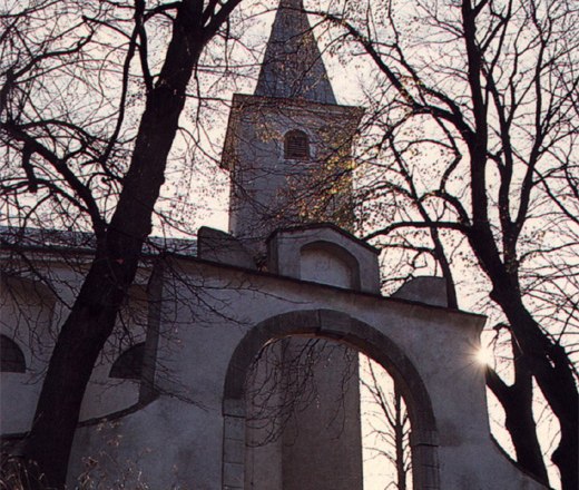 A church with a high tower, surrounded by bare trees, backlit by the sun.