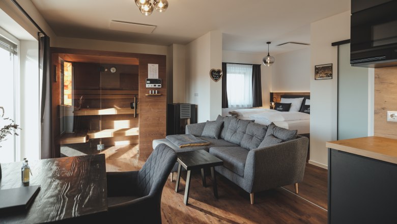 Interior view of a chalet with sauna, sofa and bed.