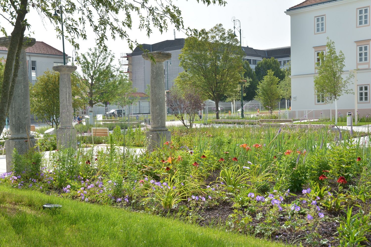 Colorful flower bed in the background town hall 