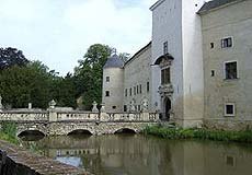 Niederleis Castle with moat and bridge.