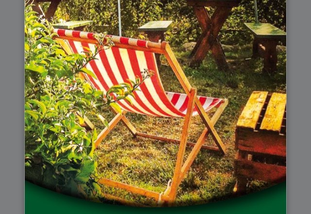 Advertising for the Reb Lounge with deckchairs and tables outside, surrounded by plants. Text: Events 2016, open from March 25.