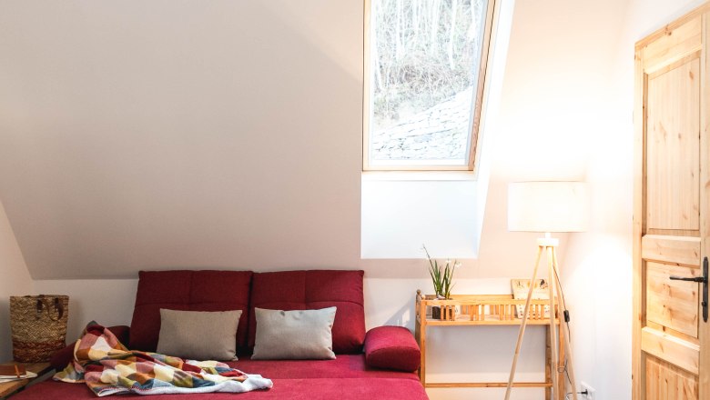 Cozy living room with red sofa, ceiling light and skylight.