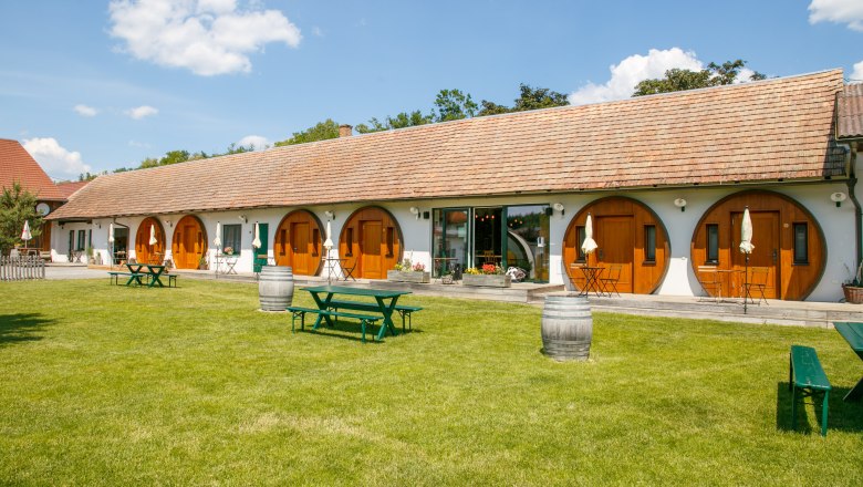 A vineyard with round wooden doors and a green meadow in the foreground.