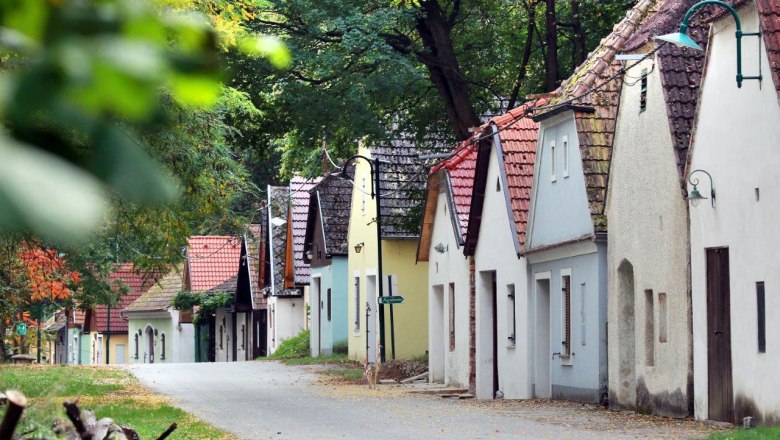 Row of wine cellars in a green, wooded setting.