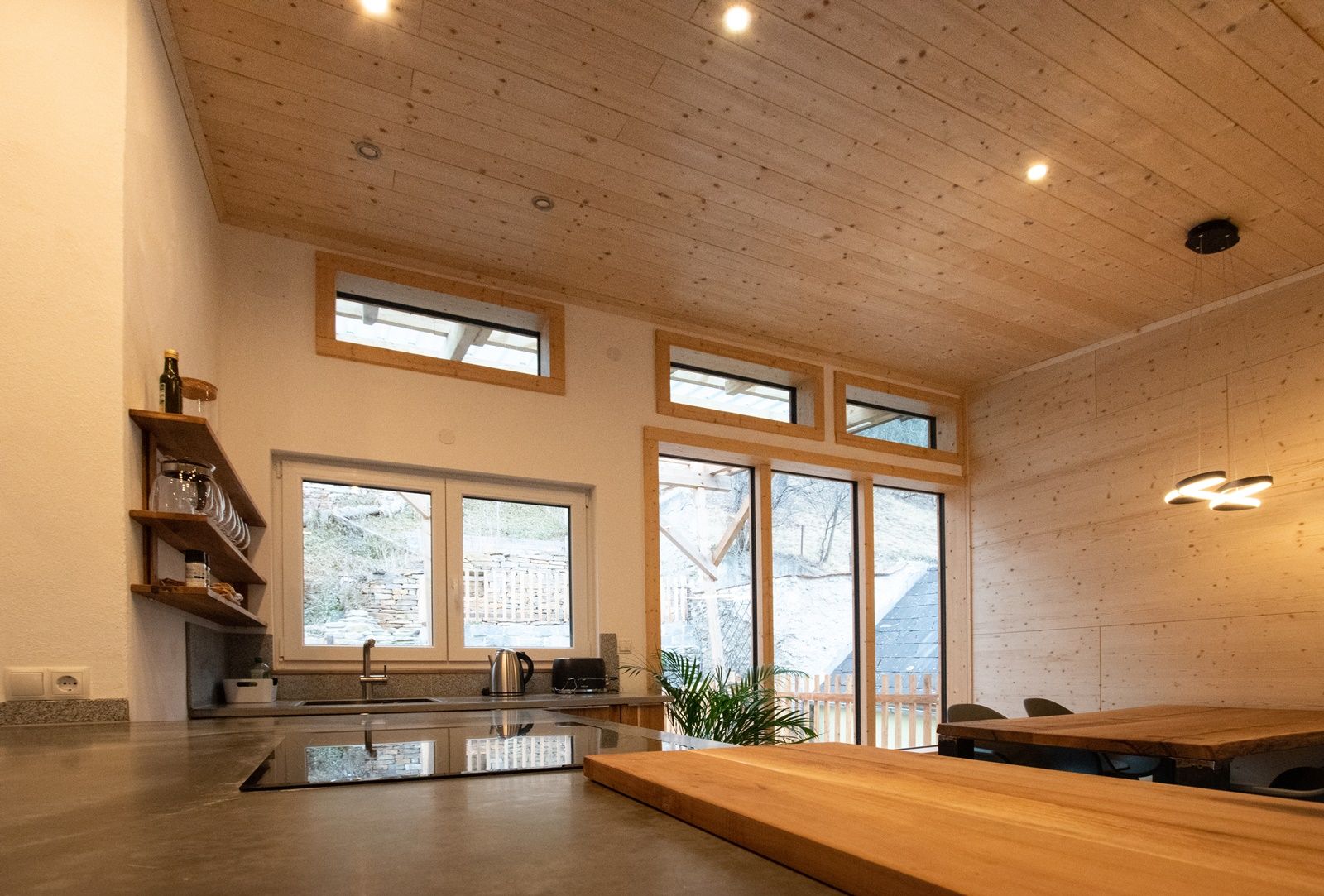 Modern kitchen with wooden ceiling and large windows.