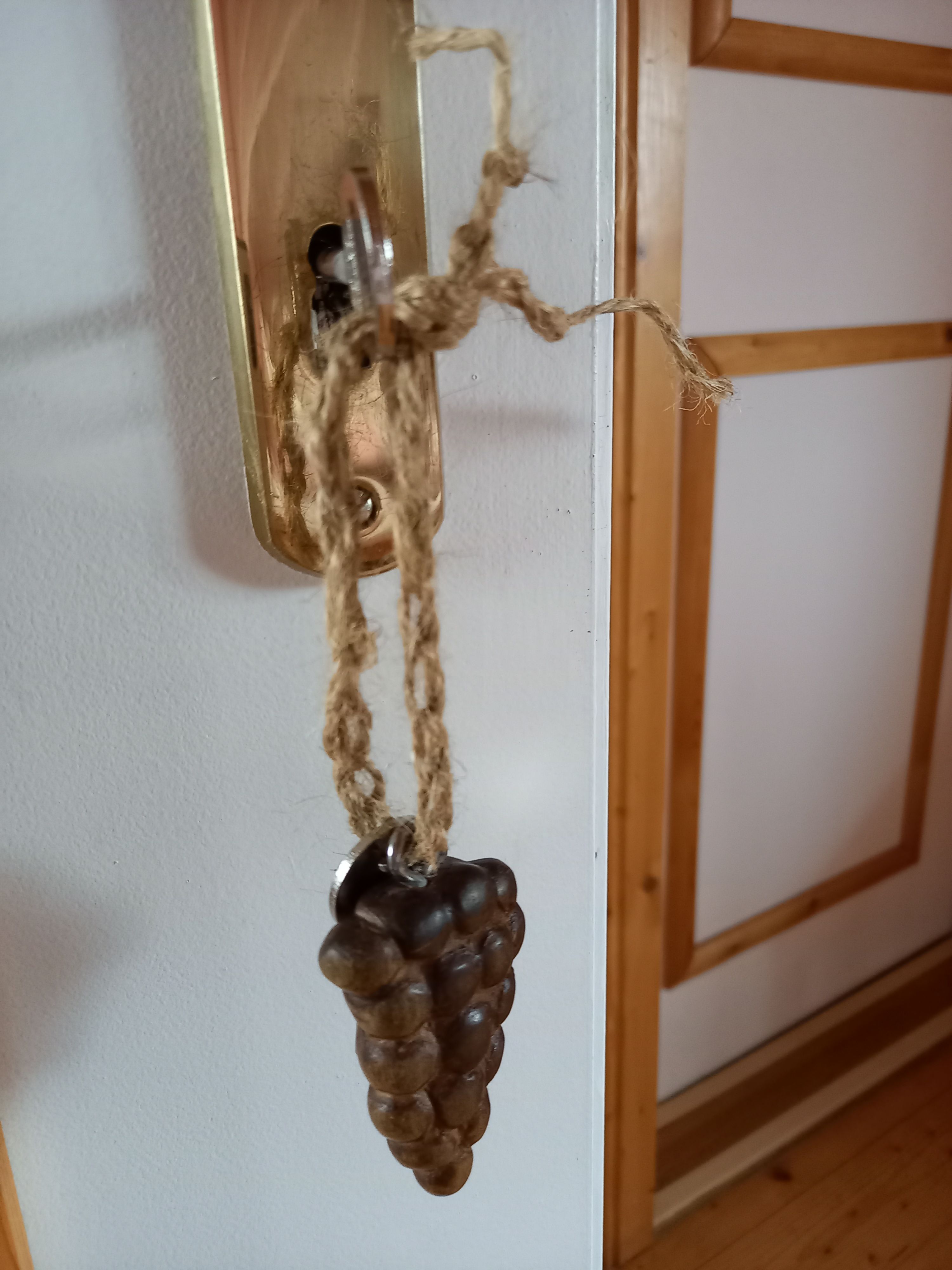 Door handle with wooden grape pendant.