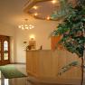 Reception area of an inn with wooden counter and plant.