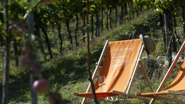 Two deckchairs in a vineyard, one with a straw hat and a glass of wine on it.