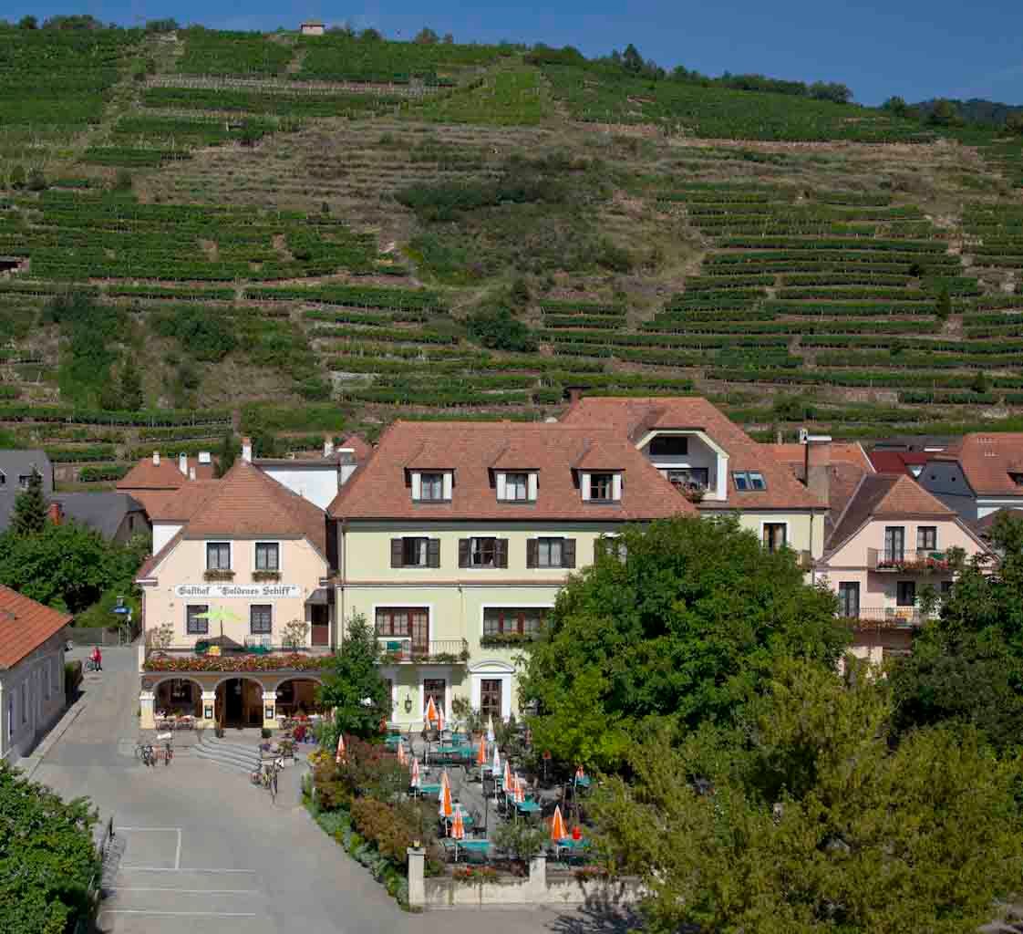 Exterior view of an inn with terrace and vineyards in the background.