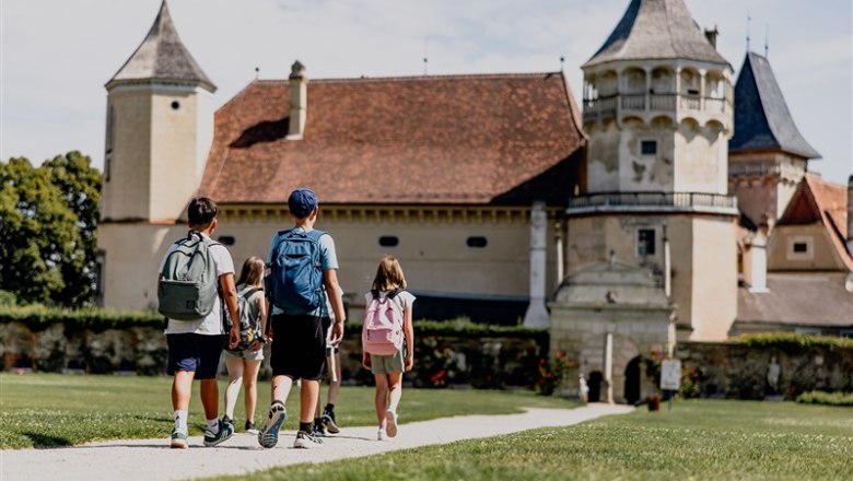 Children with rucksacks walk towards a castle.