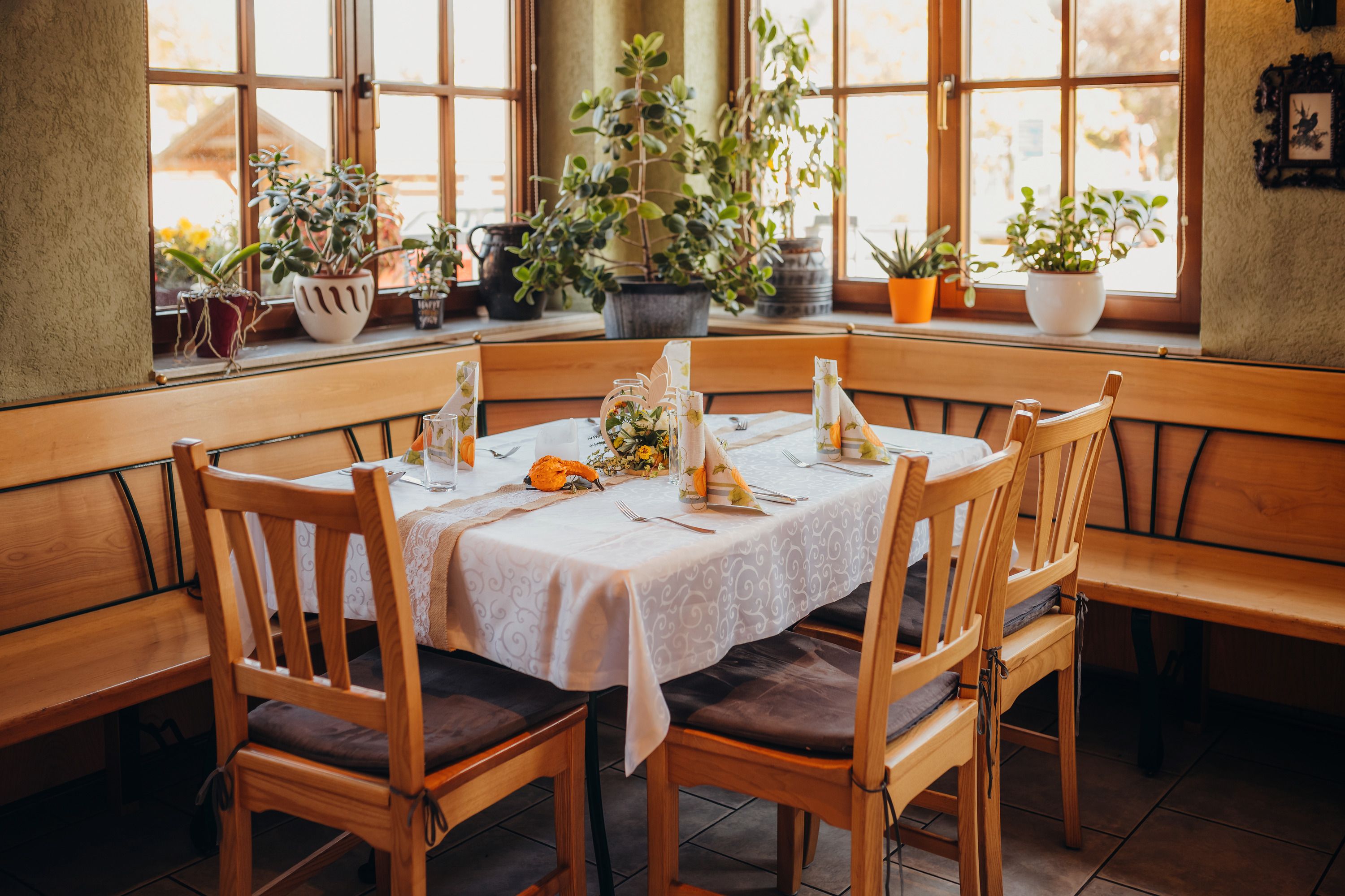 Inviting guest room with table setting and plants by the window.
