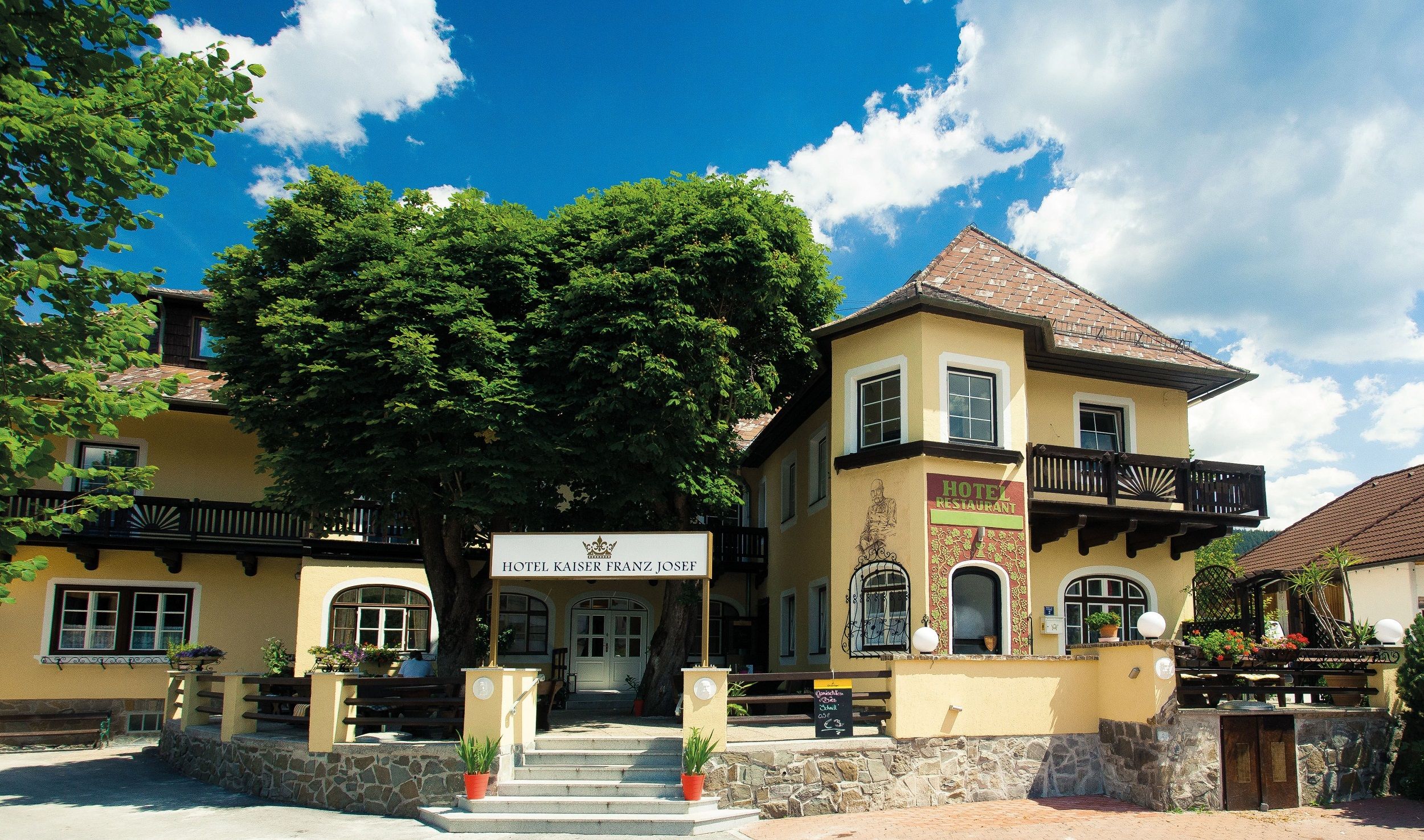 Exterior view of the Hotel Kaiser Franz Josef with yellow façade and trees.