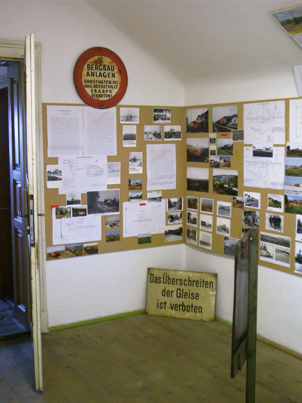 Exhibition room with historical photos and signs about the local railroad.